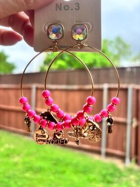 Gold Hoop Earrings Beads and Rodeo Charms- pink, blue and mint green